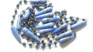 Vintage Art Deco Long Blue Torpedo Wired Glass Bead Necklace