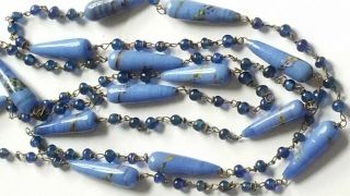 Vintage Art Deco Long Blue Torpedo Wired Glass Bead Necklace 2