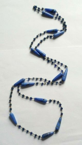 Vintage Art Deco Long Blue Torpedo Wired Glass Bead Necklace 3