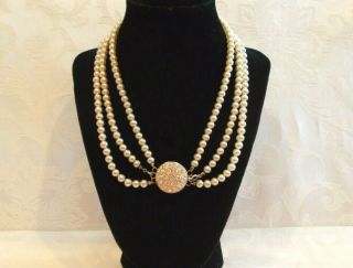 Vintage Sarah Coventry 3 Strand Pearl Necklace w/Rhinestones 16 