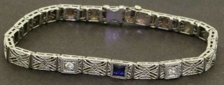 Antique 14k Wg 0.  30ct Vs1/g Diamond & Blue Gemstone Filigree Link Bracelet