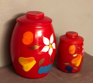 Vintage Bartlett Collins Glass Cookie Jar Set.  Red With Fruit Large And Mini Set