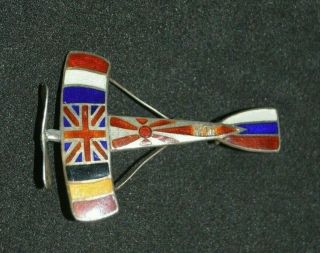 Antique Sterling Silver Enamel Allies Aeroplane Royal Flying Corps Badge Brooch