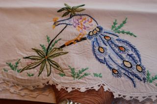 Vintage Fab Cotton Pillowcases W Hand Embroidered Peacocks & Crochet 21x32