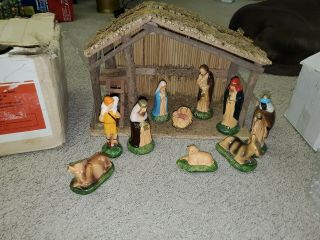 Vintage Sears Trim Shop Nativity Set Wooden Stable W 10 Figures 71 - 97169