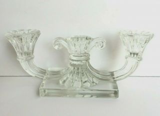 2 Arms Candle Holder Clear Glass Art Deco Vintage Collectible Kc45