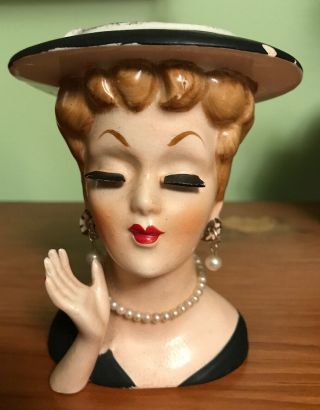 Vintage Lady Head Vase Planter Necklace Black Hat Dress Gold Toned Details