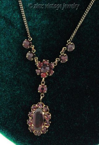 Vintage Art Deco Era Bohemian Garnet Red Crystal Floral Brass Pendant Necklace