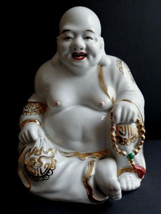 Antique Large 8 " Buddha Chinese Porcelain Happy Laughing Gilt Famille Rose