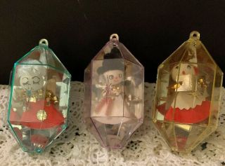 3 Vintage Jewel Brite Diorama Christmas Tree Ornaments Snowman Angel Caroler