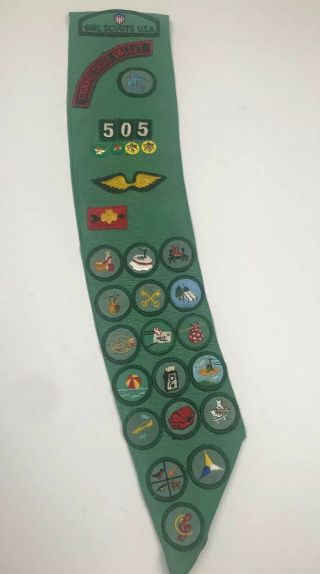 Vintage Girl Scout Sash 1960’s Patches Pins 21,  Patches