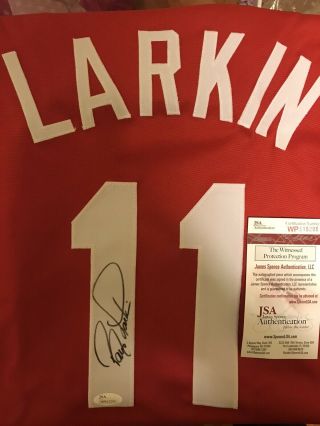 Hof Barry Larkin Signed Auto Cincinnati Reds Red Jersey Xl Jsa