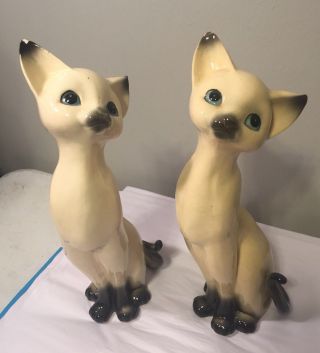 Vintage Pair Ceramic Siamese Cat Figurines Japan 12” Tall Mid Century
