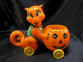 Vintage Rosbro Rosen Hard Plastic Halloween Cat Pumpkin Wheels Candy Container