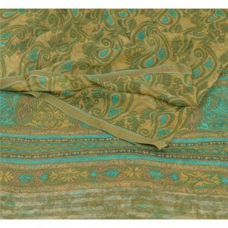 Sanskriti Vintage Green Saree Pure Chiffon Silk Printed Sari Craft Soft Fabric
