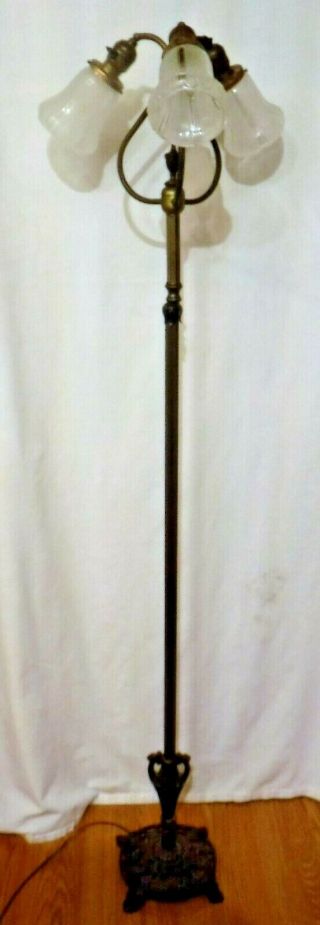 Vintage Brass Floor Lamp With 3 Arms Frosted Glass Bell Shaped Shades Cast Base