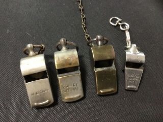 4 Vintage Brass Whistles Military,  Police Special,  Acme Thunderer