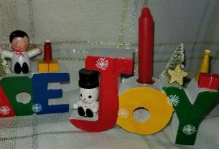 Vintage Set Of 3 Words Of Christmas Wooden Candle Holders Peace Joy Noel Red
