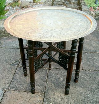Antique Anglo/indian Folding Side Table With Brass Tray Top