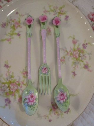 Shabby Chic Hand Painted Roses - Set Of Three - Vintage Spoons And Fork