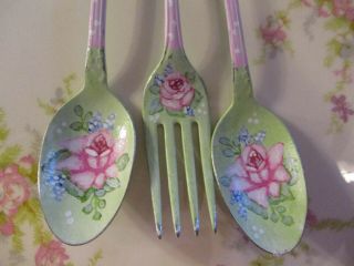 Shabby Chic Hand Painted Roses - Set of Three - Vintage Spoons and Fork 3