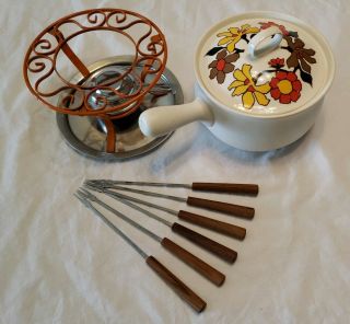 Vtg Fondue Set Oven Proof Pot Stoneware Orange Yellow Floral Stand 6 Forks Tray