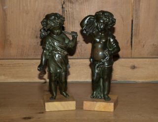 Pair Antique (French?) Bronze Cherub Children Figures on Marble Bases,  22cm Tall 2