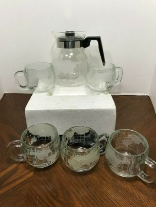 Vintage Nescafe Nestle World Globe Clear Glass Coffee Tea Mug Cup 6oz Set