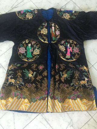 Antique Chinese Qing Dynasty Woven Silk Robe W/ Embroidered People