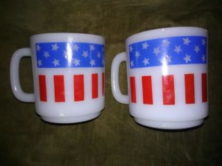 Set Of 2 Vintage Glasbake America Flag Mugs Milk Glass Usa Coffee Cup Red Blue