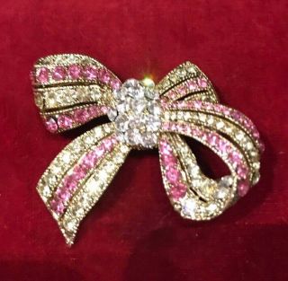 Vintage Pink And Clear Rhinestone Ribbon Bow Brooch Pin