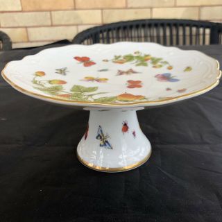 Vtg China Raised Pedestal Cake Plate Dish Butterfly Lady Bugs Strawberries