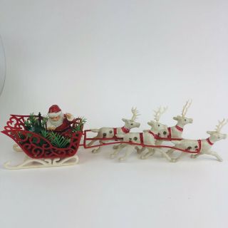 Vintage Santa Claus,  Sleigh And Reindeer Soft Plastic Blow Mold Hong Kong