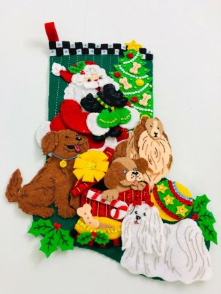 Vintage Bucilla Felt Christmas Stocking - Handmade Applique Santa With Dogs