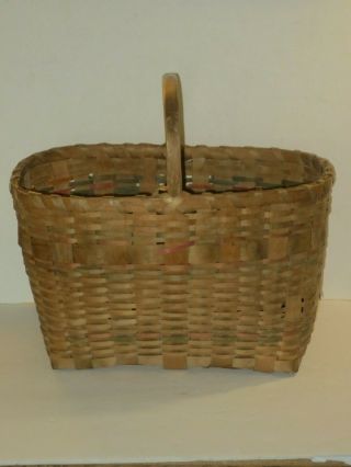 Antique Ojibwe Native American Indian Split Ash Large Basket With Carved Handle