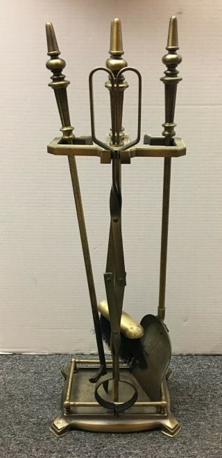 Vintage Brass Plated Fireplace Tool Set W/ Stand - Poker,  Tongs,  Shovel,  Broom