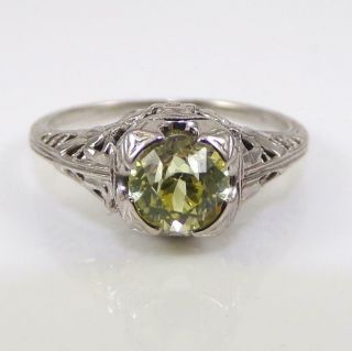 Vtg Antique Art Deco 18k White Gold Filigree Mine Cut Yellow Sapphire Ring Lff4