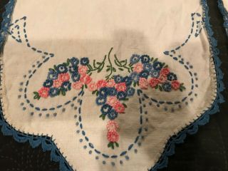 2 Vintage Embroidered Table Runners Pink Blue Flowers