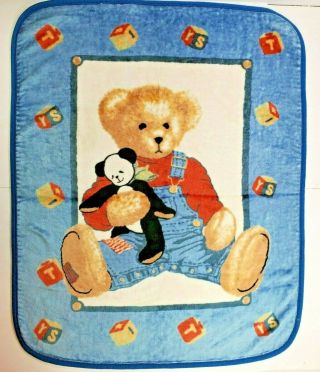 Vintage Blue Jean Overalls Teddy Bear & Panda Blocks Baby Blanket Plush Throw