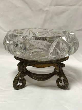 Vintage Cut Crystal Ashtray On A Brass Base