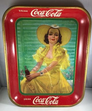 Vintage 1938 Coca Cola Metal Tray / Lady With Yellow Dress