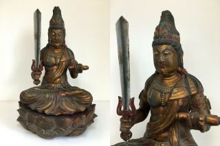 Old,  Japanese,  Japan,  Buddhism Wooden Hand - Carved,  Manjusri,  Buddha Statue 50cm