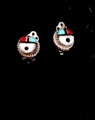 Vintage Zuni 925 Sterling Silver Turquoise Coral Mop Sun Face Clip Earrings 3.  7g