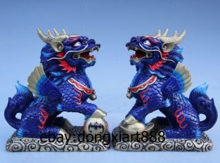 7 " Chinese Brass Painted Foo Dog Lion Kylin Unicorn Beast Fengshui Animal Statue