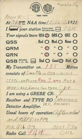 Vintage Ham Radio Qsl Cards 1923 9qw Ottawa Ks