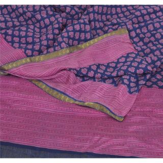Sanskriti Vintage Blue Saree Pure Crepe Silk Printed Sari Craft Soft 5 Yd Fabric