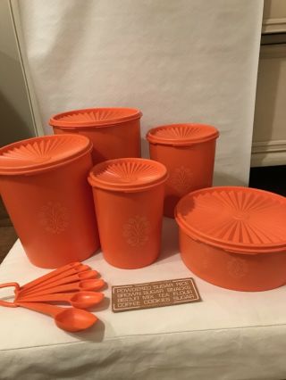 Vintage Tupperware Orange 5 Pc Canister Set W/ Labels And Meas Spoons