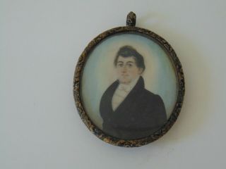 Antique American Portrait Miniature Of A Gentleman W Unusual Mixed Hairpiece