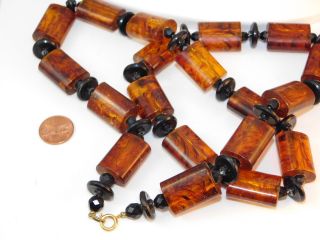 Chunky Vintage Faux Amber Swirled Plastic Black Faceted Bead 32 " Necklace 4i 80