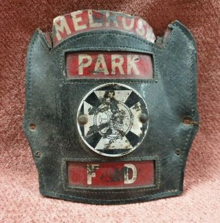 Obsolete Vintage Usa Melrose Park Fire Department Fire Helmet Badge & Front